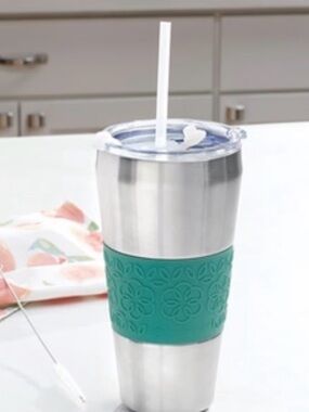 Princess House Pink Stainless Tumbler with Floral Grip